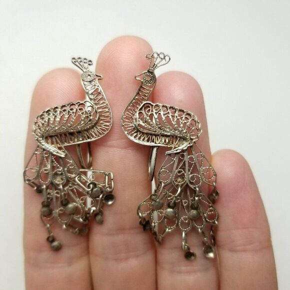 Vintage Filigree Peacock Clip On Earring and Brooch Set, Silver Tone, Estate - Picture 6 of 7